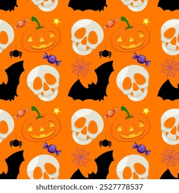 Skulls, pumpkins, bats, and candy on orange background