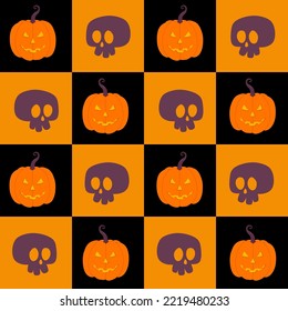 Skulls and Pumpkins Checkers Vector Seamless Pattern