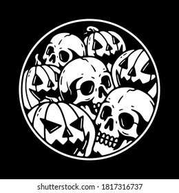 SKULLS AND PUMPKINS CIRCLE PATCH WHITE BLACK BACKGROUND