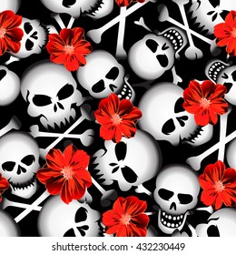 Skulls with red flowers seamless pattern .