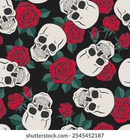 Skulls and red roses on black background.Seamless pattern. Texture for fabric, wrapping, wallpaper. Decorative print. Vector illustration