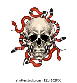 Skulls and red snakes. Hand drawn. Vintage style