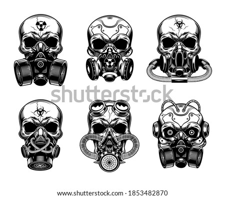 Skulls in respirator vector illustrations set. Head of skeleton In various gas masks. Danger or biohazard concept for badges, emblems or tattoos templates