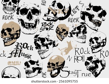 skulls in retro  rock and roll seamless pattern, skulls in retro style. rock and roll Seamless pattern ,Seamless pattern with human skulls. Graphic print Tee. Seamless pattern with human