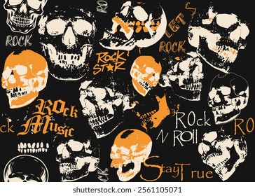 skulls in retro  rock and roll seamless pattern,  retro style. rock and roll Seamless pattern ,Seamless pattern with human skulls. Graphic print skulls. Seamless pattern with human skulls