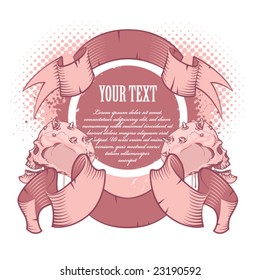 Skulls, ribbons and place for your text on grunge background