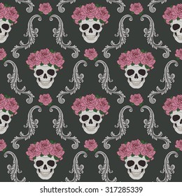 Skulls and roses damask pattern. Seamless background.