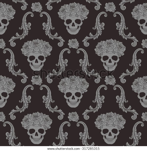 Skulls Roses Damask Pattern Seamless Background Stock Vector (Royalty ...