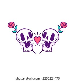 Skulls and roses with love symbol cartoon, illustration for t-shirt, sticker, or apparel merchandise. With modern pop style.