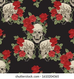 Skulls and roses seamless pattern. Detailed human skull with red roses on black. Vector illustration. 