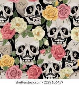 Skulls and roses seamless pattern. Floral pattern. Skull vector. Roses wallpaper. Skull flowers Mexico typography, t-shirt graphics, vectors
