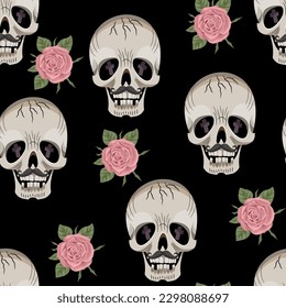 Skulls and roses seamless pattern. Skull vector. Skull flowers Mexico typography, t-shirt graphics, vectors