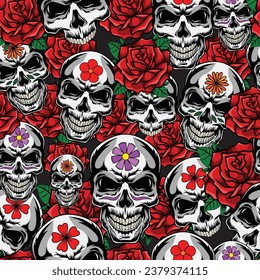 Skulls and roses seamless pattern vector