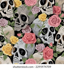 Skulls   roses vector background  Abstract solid flowers arrangement  all over design and solid background for textile printing factory  Skull flowers Mexico typography  t  shirt graphics  vectors