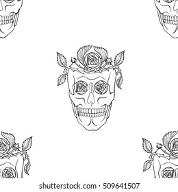 Skulls and roses wreath seamless pattern. 