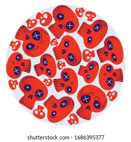 Skulls round composition in a circle vector design illustration, death sculls horror and fear theme concept, hard rock subculture style.