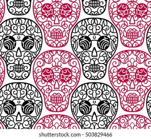 Skulls seamless background pattern . Floral design elements .Fabric swatch. Tribal style. Vector illustration hand drawn. Line art.