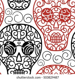Skulls seamless background pattern . Floral design elements .Fabric swatch. Tribal style. Vector illustration hand drawn. Line art.