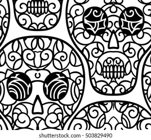 Skulls seamless background pattern . Floral design elements .Fabric swatch. Tribal style. Monochrome vector illustration hand drawn. Line art.