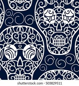 Skulls seamless background pattern . Floral design elements .Fabric swatch. Tribal style. Monochrome vector illustration hand drawn. Line art.