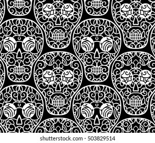 Skulls seamless background pattern . Floral design elements .Fabric swatch. Tribal style. Monochrome vector illustration hand drawn. Line art.