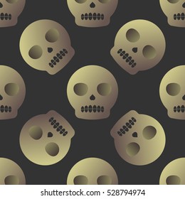 Skulls seamless background pattern on black background. Flat style vector illustration