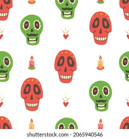 Skulls seamless pattern with candles and hearts. Dia de los Muertos card. Day of the Dead mexican background. Mexico culture holiday texture. Cinco de Mayo. Embroidery banner. Vector illustration.