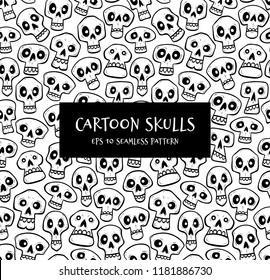 Skulls seamless pattern. Cute hand drawn halloween skulls in cartoon style. Vector illustration, isolated on white background.