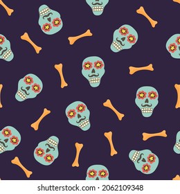 Skulls seamless pattern. Dia de los Muertos card. Day of the Dead mexican background. Mexico culture holiday texture. Cinco de Mayo. Embroidery banner. Vector illustration.