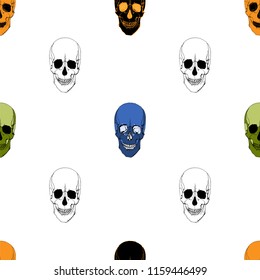 Skulls seamless pattern. Drawn by hand and painted on a computer. Wallpaper, fabric, textile design.