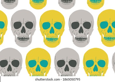 Skulls seamless pattern on transparent background. Grey and yellow skulls repetitive vector illustration. EPS10.