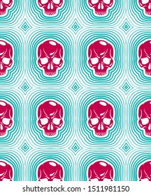 Skulls seamless pattern, vector background with crazy sculls for Hard Rock and Rock N Roll subculture prints textile, hazard and danger, horror and death theme.