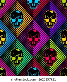 Skulls seamless pattern, vector background with crazy sculls for Hard Rock and Rock N Roll subculture prints textile, hazard and danger, horror and death theme.