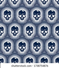 Skulls seamless pattern, vector background with crazy sculls for Hard Rock and Rock N Roll subculture prints textile, hazard and danger, horror and death theme.
