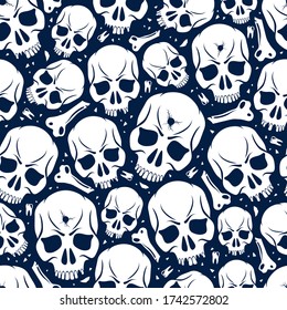 Skulls seamless pattern, vector background with crazy sculls for Hard Rock and Rock N Roll subculture prints textile, hazard and danger, horror and death theme.