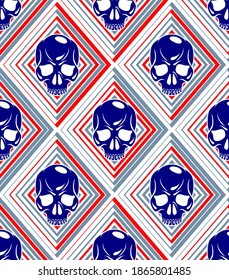 Skulls Seamless Pattern, Vector Background With Crazy Sculls For Hard Rock And Rock N Roll Subculture Prints Textile, Hazard And Danger, Horror And Death Theme.