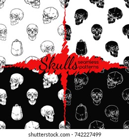 Skulls. Seamless patterns set. Black and white.