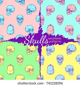 Skulls. Seamless patterns set. Different colors
