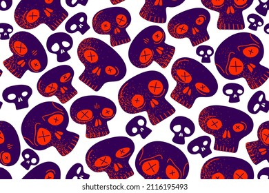 Skulls seamless textile pattern, horror sculls endless wallpaper background, cartoon style, death and heavy metal culture music fashion theme.