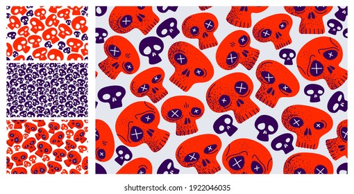 Skulls seamless textile pattern set, horror sculls endless wallpaper background, cartoon style, death and heavy metal culture music fashion theme collection.