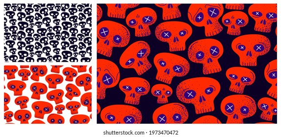 Skulls seamless textile pattern set, horror sculls endless wallpaper background, cartoon style, death and heavy metal culture music fashion theme collection.