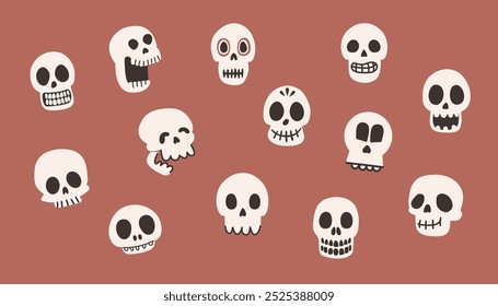 Cráneos. Conjunto de cráneos de dibujos animados. Ilustración vectorial para Halloween.