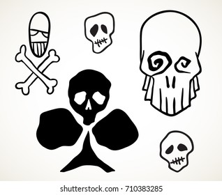 Skulls set. Hand drawn Halloween celebration design element symbol. Vector illustration in black isolated over white.