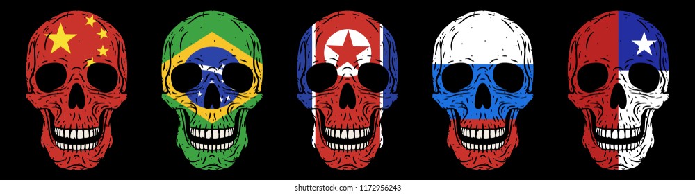Skulls set. Humans skulls with flags isolated on black background