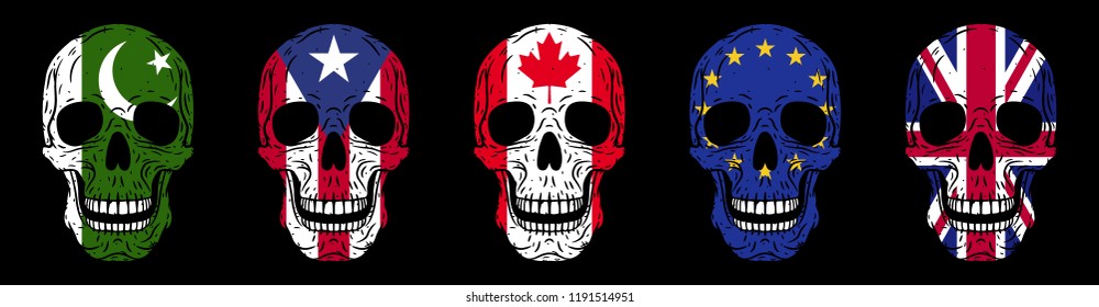 Skulls set. Humans skulls with flags isolated on black background