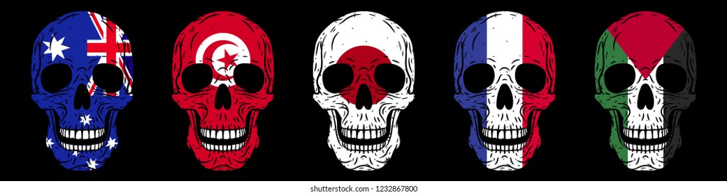 Skulls set. Humans skulls with flags isolated on black background