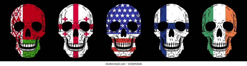 Skulls set. Humans skulls with flags isolated on black background