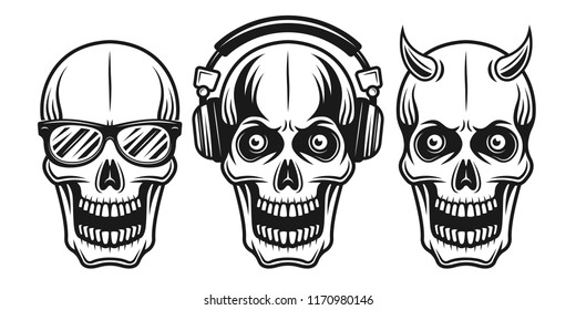 Skulls set of three style with sunglasses, headphones and horned vector illustration in monochrome vintage style isolated on white background