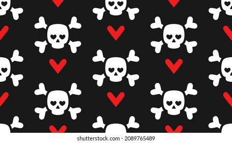 Skulls with shape heart eye and red hearts seamless pattern for valentine's day