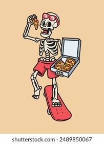 skulls skateboarding and eating pizza illustration